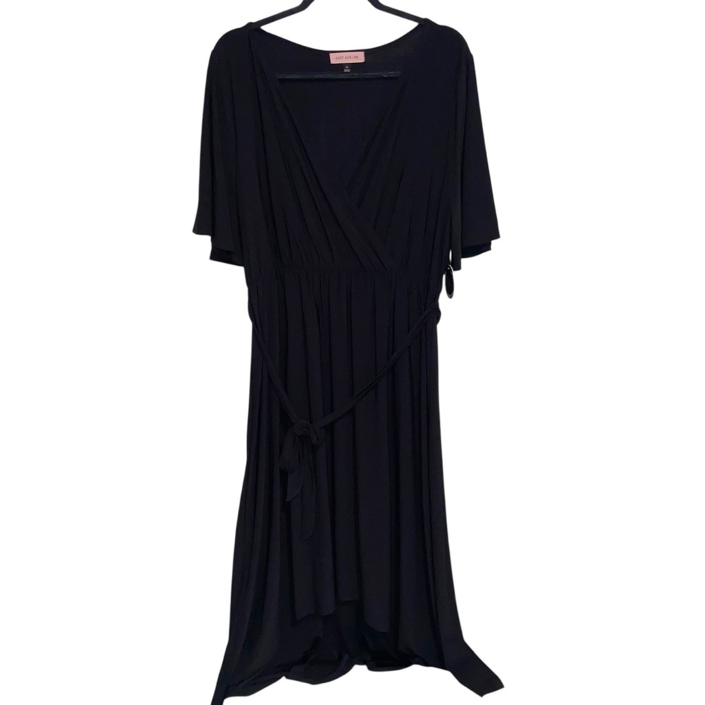 East Adeline Dress Womens Plus Size 2X Black Stretch Flutter Sleeve Midi Belt